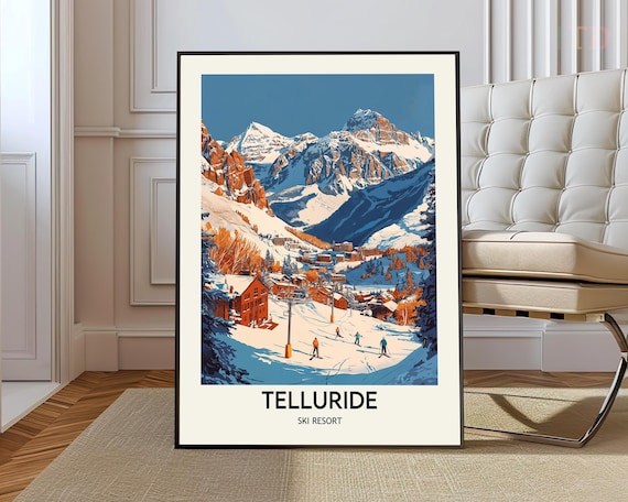 Telluride Ski Resort Village Beneath Snowy Peaks Retro Poster