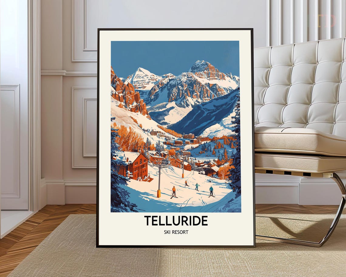 Telluride Ski Resort Village Beneath Snowy Peaks Retro Poster