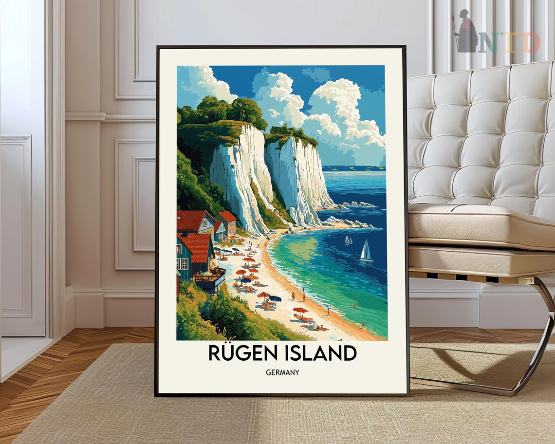 Rügen Island Germany White Chalk Cliffs Seaside Cottages Travel Poster