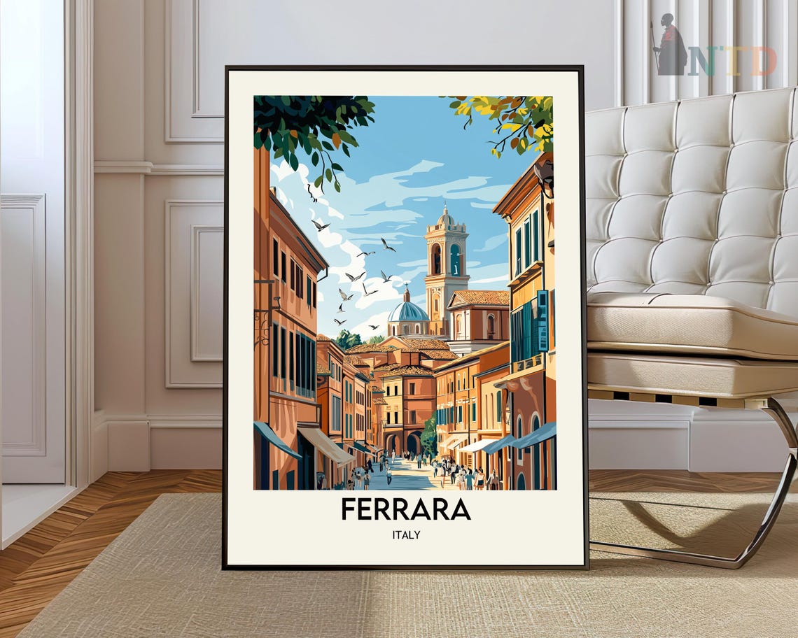 Ferrara Italy Historic Street Bell Tower Bustling Square Travel Poster