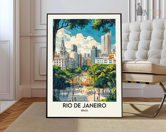 Rio de Janeiro Brazil Bustling Downtown Plaza City Street Travel Poster