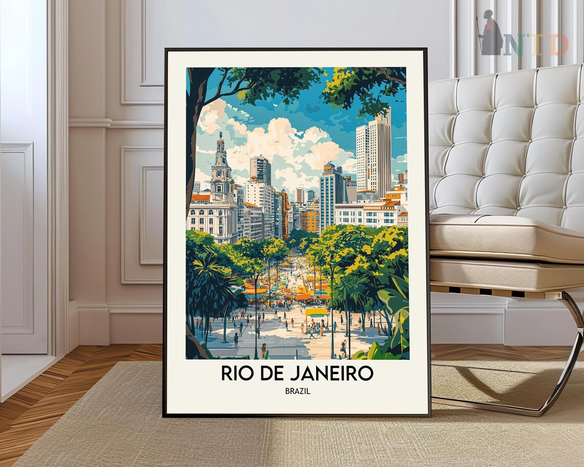Rio de Janeiro Brazil Bustling Downtown Plaza City Street Travel Poster