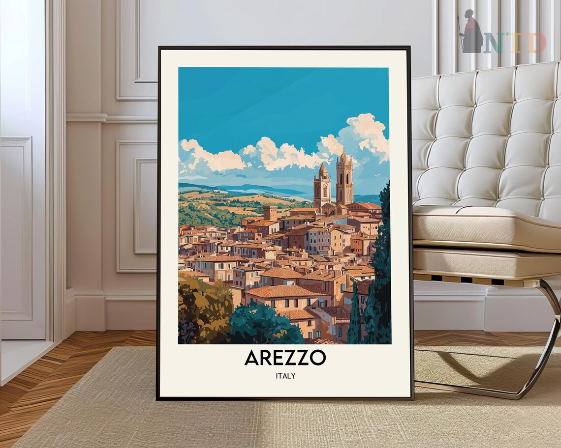Arezzo Italy Rooftop Panorama Twin Church Towers Vintage Travel Poster