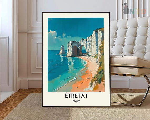Etretat Travel Poster Tretat Art Print Illustration Normandy Gift France Falaise Damont Cliffs