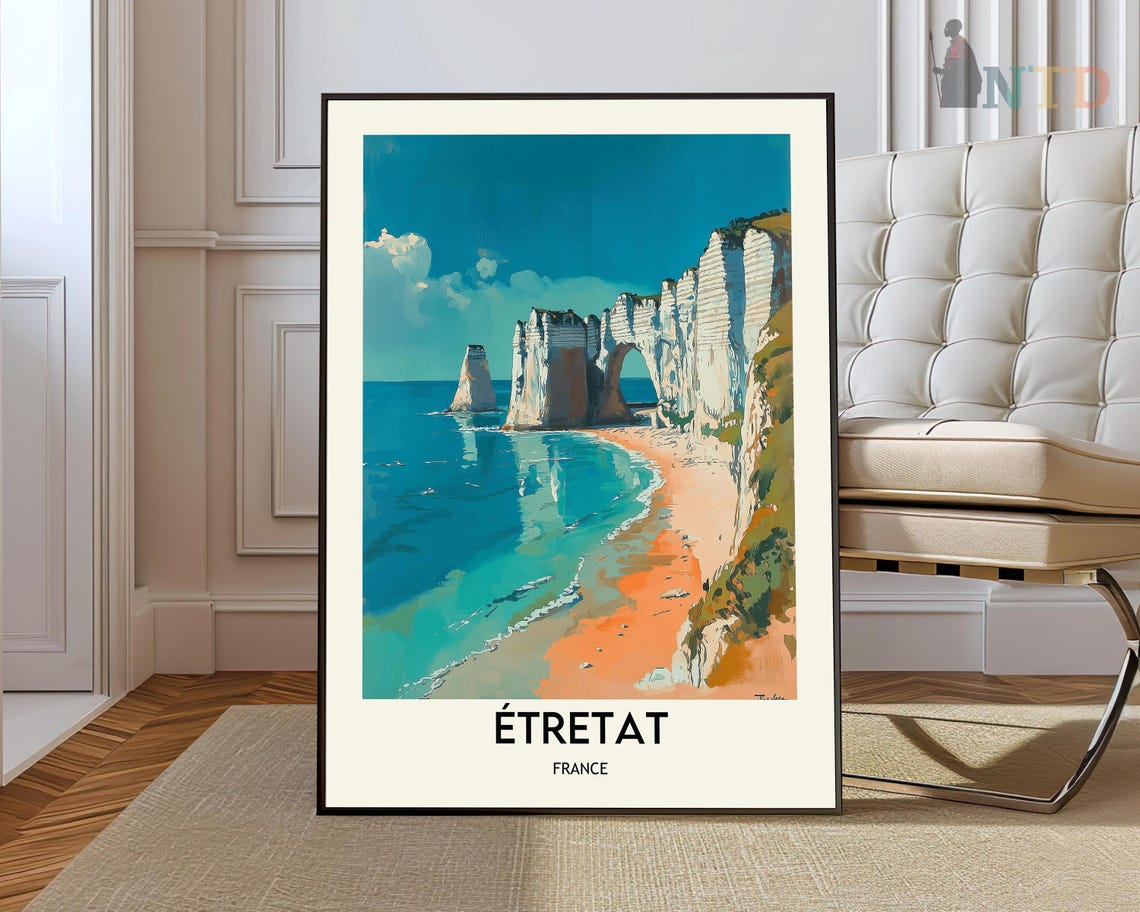 Étretat France White Chalk Cliffs Arch Turquoise Beach Travel Poster