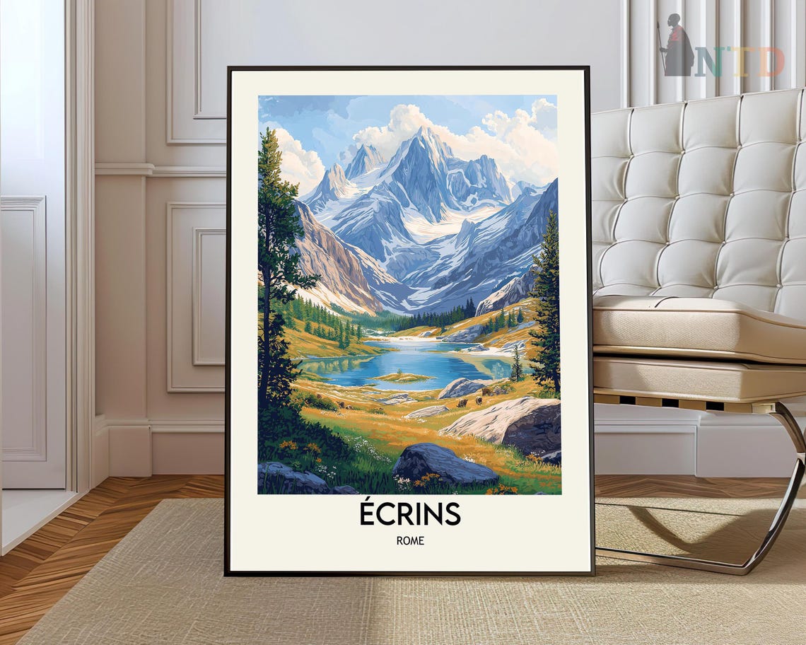 Ecrins Alpine Mountain Lake Meadow Valley Landscape Travel Poster