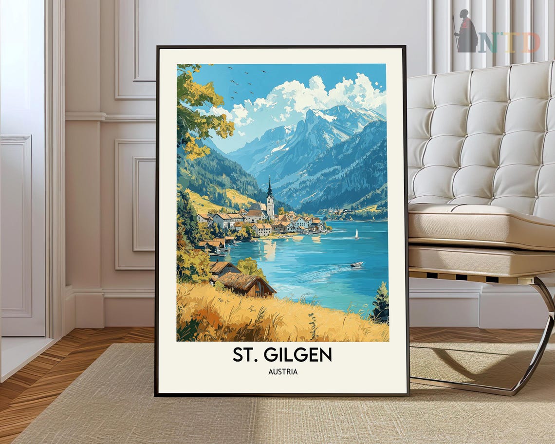 St Gilgen Travel Print Poster Austrian Art Austria Lover Gift Alps Decor Illustration