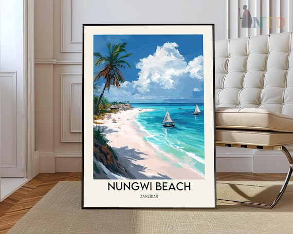 Nungwi Beach Zanzibar Tropical Palm Trees Retro Travel Poster