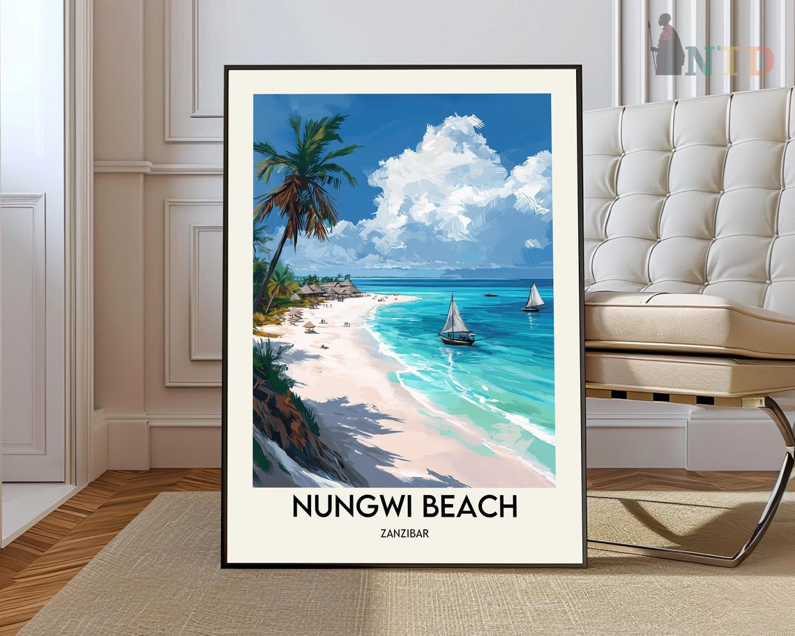 Nungwi Beach Zanzibar Tropical Palm Trees Retro Travel Poster
