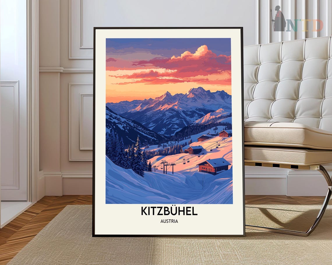 Kitzbuhel Austria Pink Sunset Over Ski Slopes and Chalets Art Poster