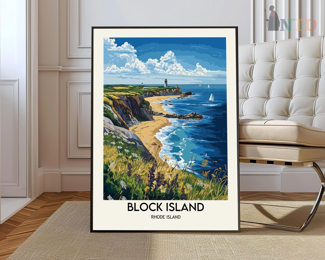 Block Island Rhode Island Cliffs Sailboats Ocean Travel Poster