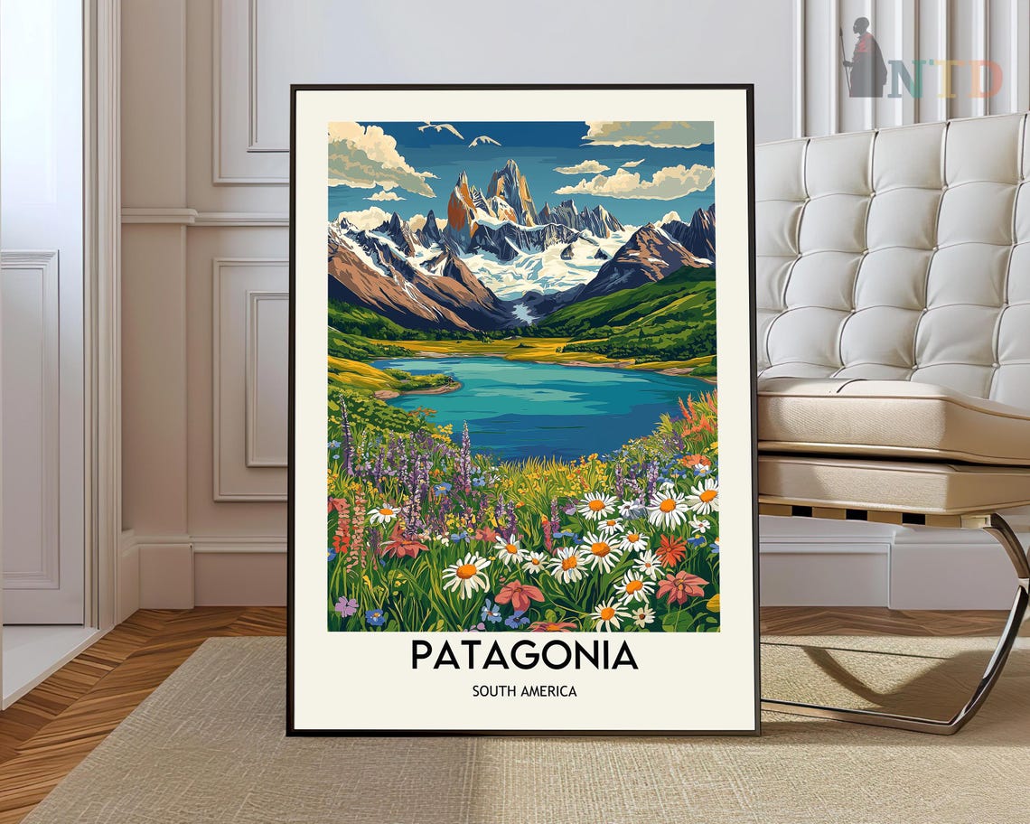 Patagonia South America Daytime Snowy Peaks Wildflower Poster