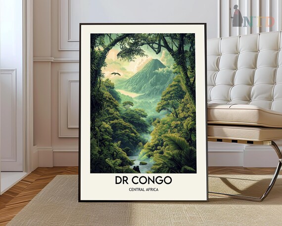 DR Congo Central Africa Poster Misty Rainforest Valley and Mountain