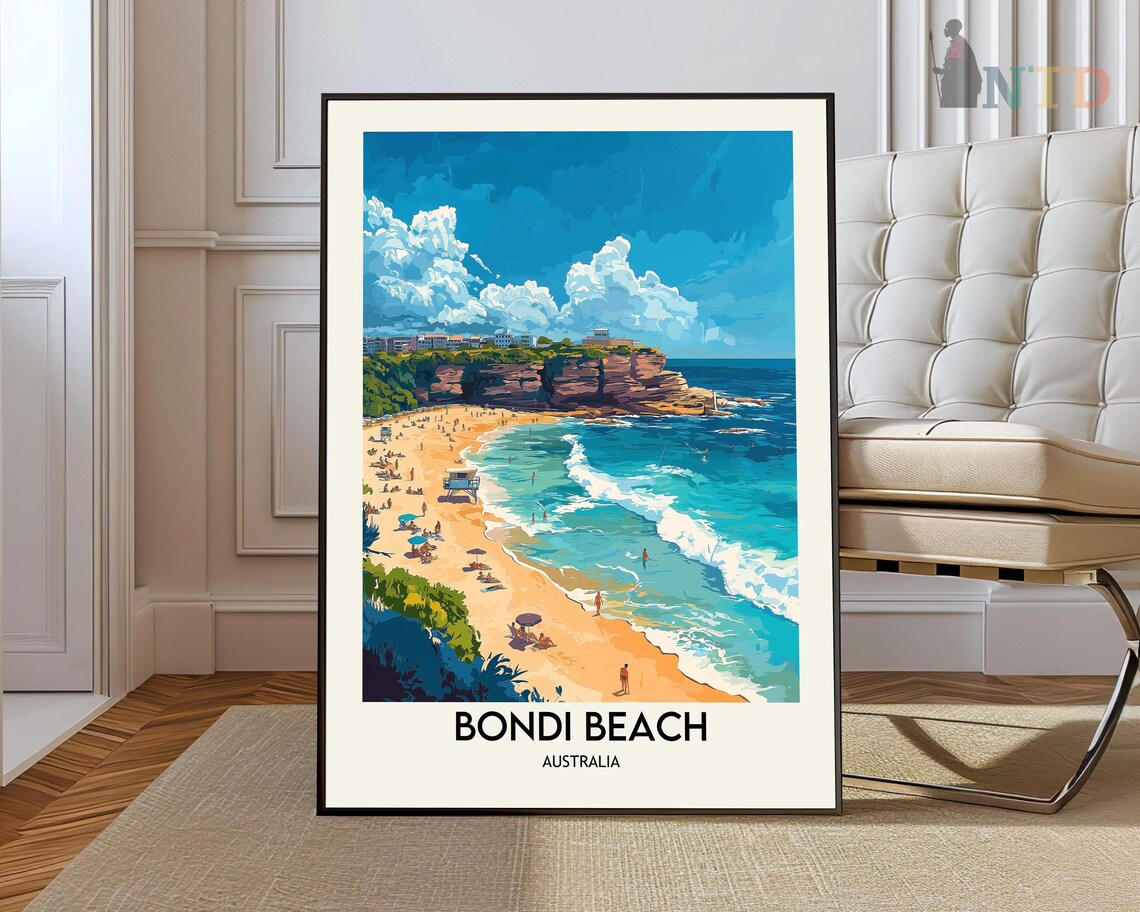 Bondi Beach Surfers Rolling Waves Headland Vintage Travel Poster