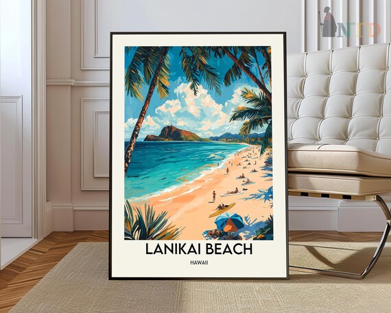 Lanikai Beach Hawaii Turquoise Water Vintage Tropical Travel Poster