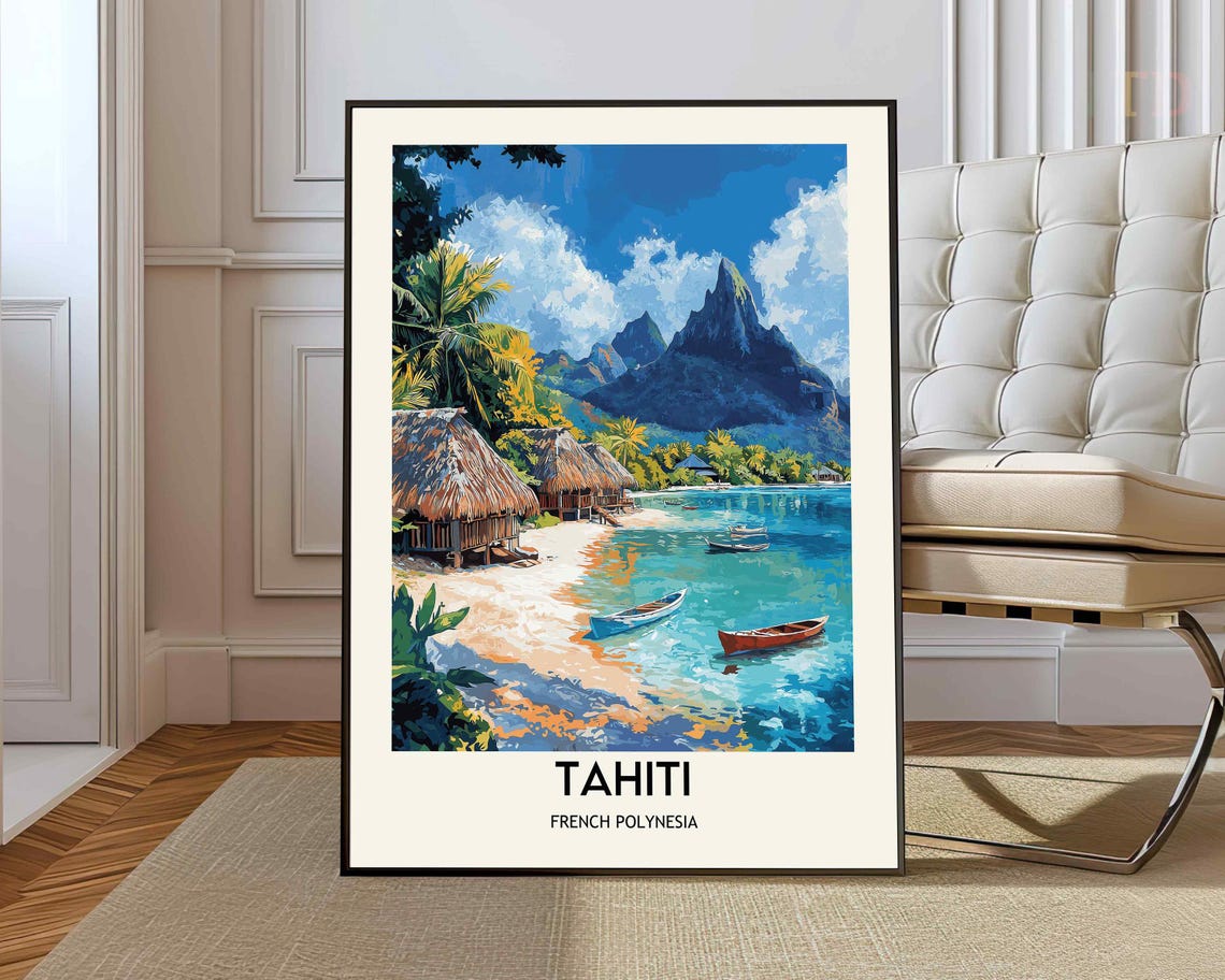 Tahiti French Polynesia Overwater Huts Lagoon Mountain Travel Poster