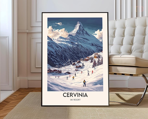 Cervinia Ski Resort Matterhorn Village Slopes Vintage Winter Poster