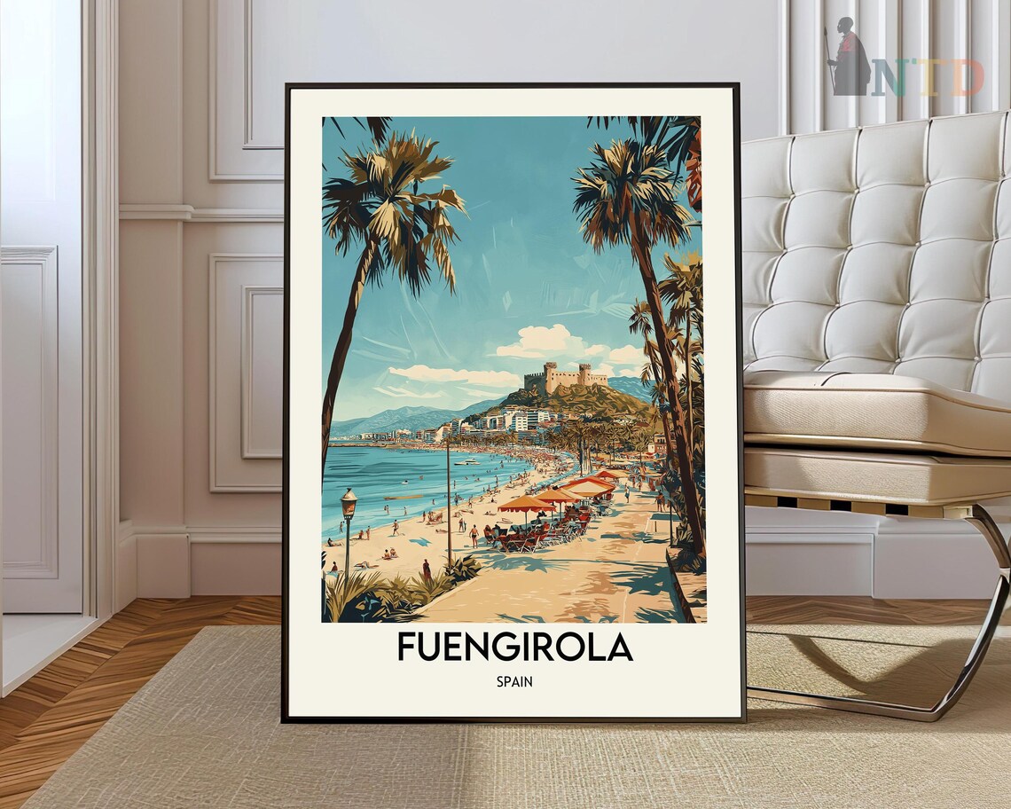 Fuengirola Spain Beach Promenade Palm Trees Castle Hill Travel Poster