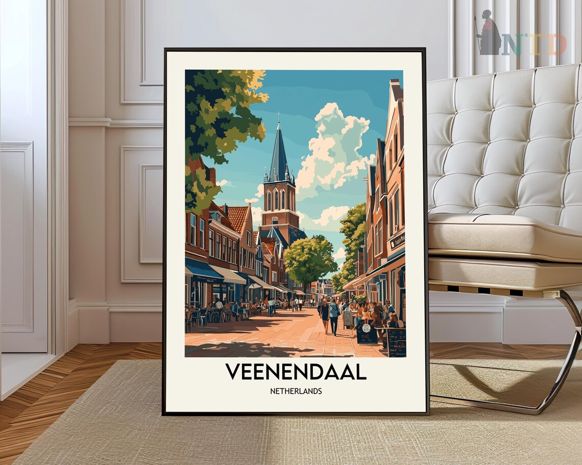 Veenendaal Netherlands Market Street Church Travel Scene Poster