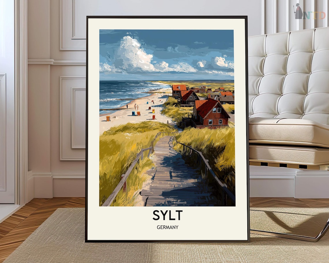 Sylt Germany Wooden Boardwalk Dunes Red Roof Village Travel Poster