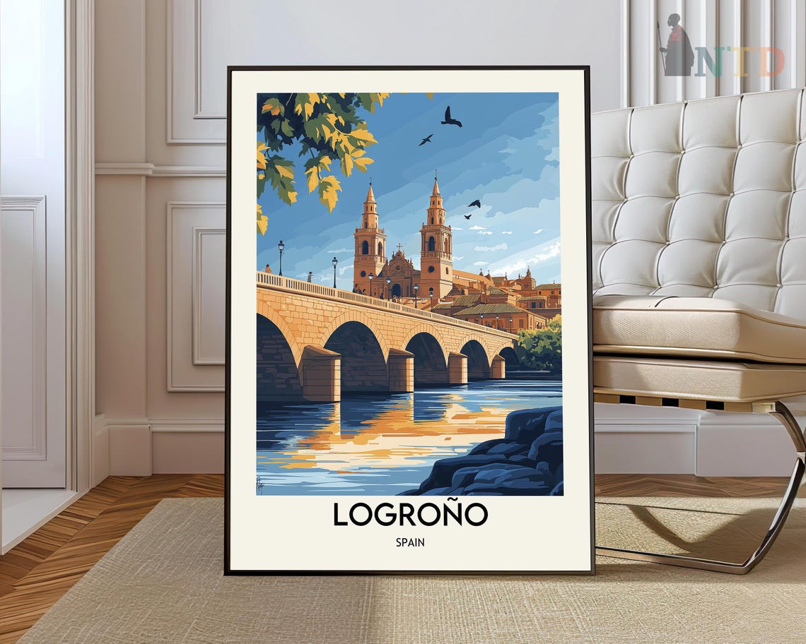 Logrono Spain Stone Bridge Cathedral Sunset Vintage Travel Poster