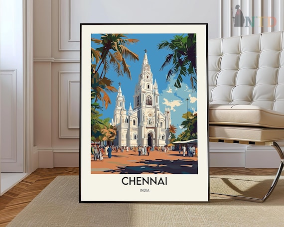 Chennai India White Basilica Palm Trees Street Scene Travel Poster