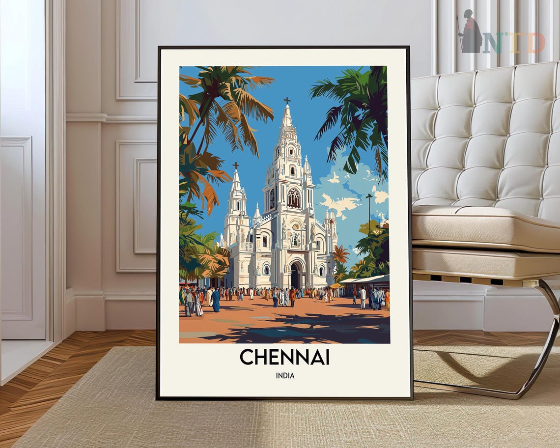 Chennai India White Basilica Palm Trees Street Scene Travel Poster