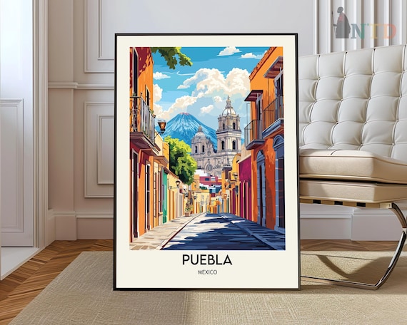 Puebla Mexico Colorful Colonial Street Cathedral Retro Travel Poster