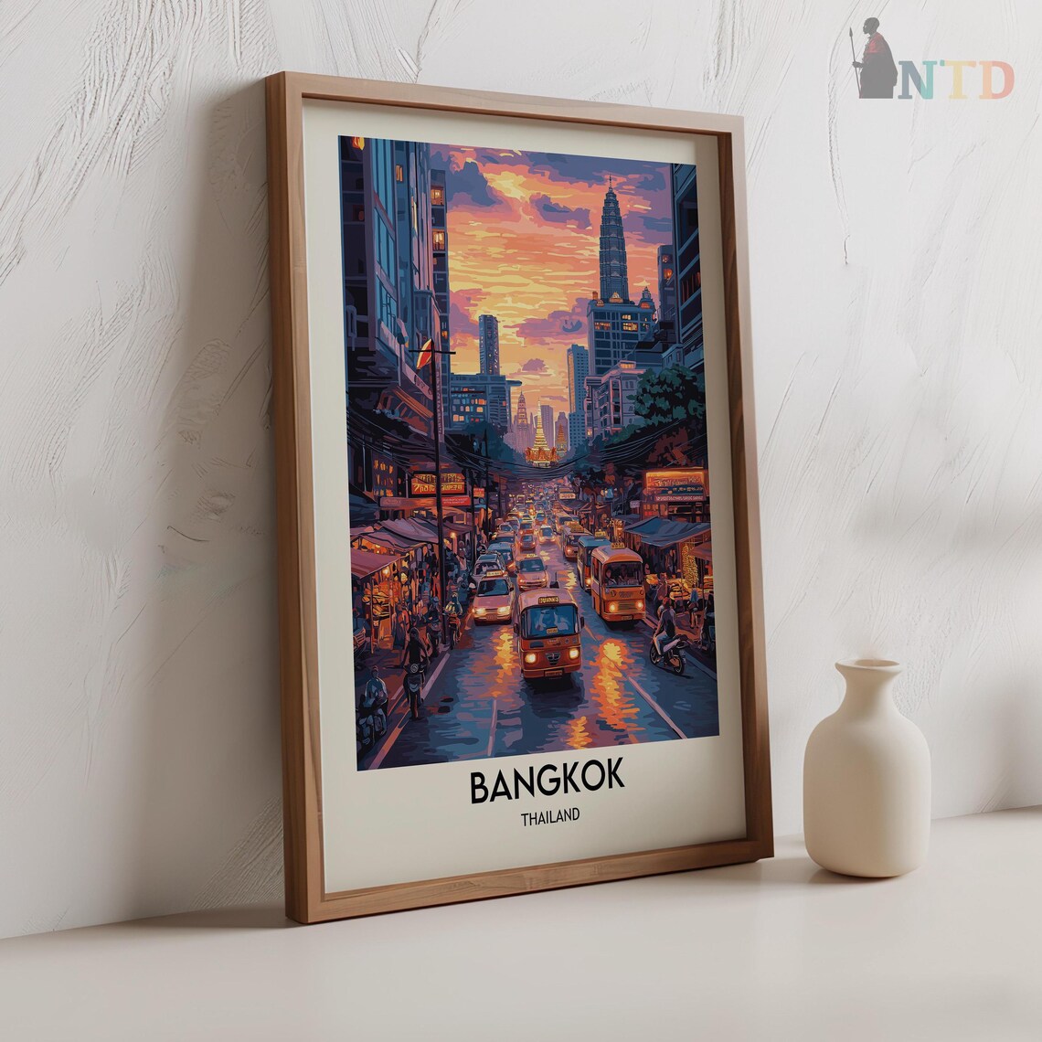 Bangkok Neon Street Night with Tuk Tuks Temple Scene Travel Poster - Image 2