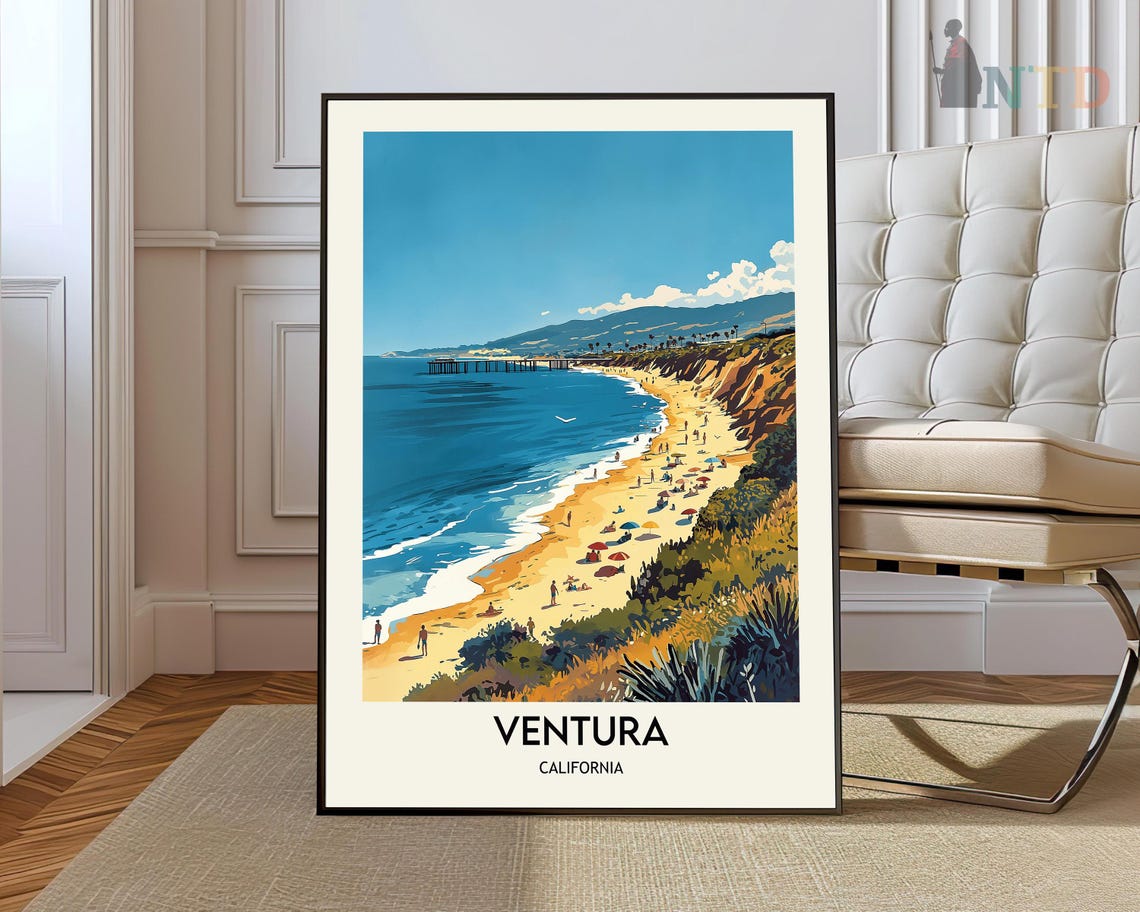 Ventura California Beach Pier Cliffs Sunny Coast Travel Poster
