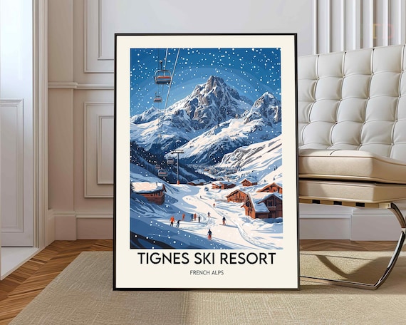 Tignes Ski Resort Night Gondola Snowfall Alpine Chalets Winter Poster