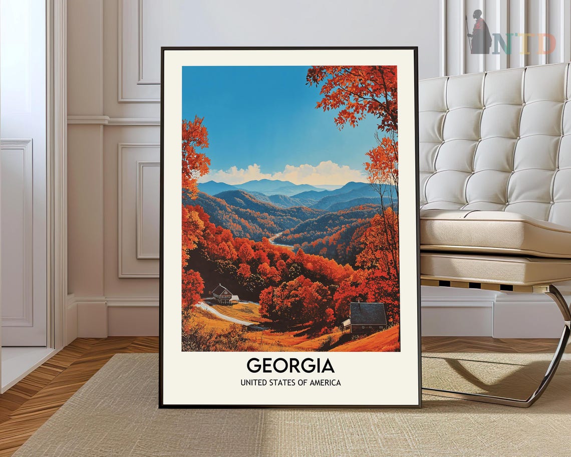 Georgia USA Autumn Mountain Valley Cabins Fall Travel Poster