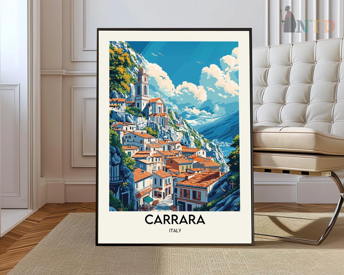 Carrara Italy Hillside Old Town Church Tower Scenic Travel Poster