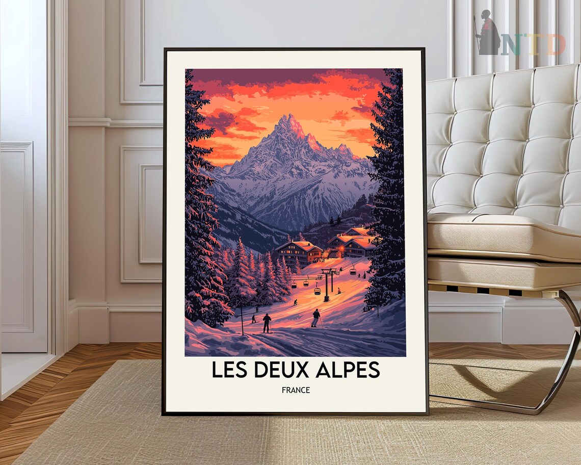 Les Deux Alpes France Sunset Alpenglow Skiers Chairlift Winter Poster