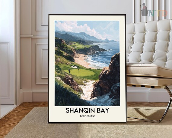 Shanqin Bay Golf Course Ocean Cliffside Links Vintage Travel Poster