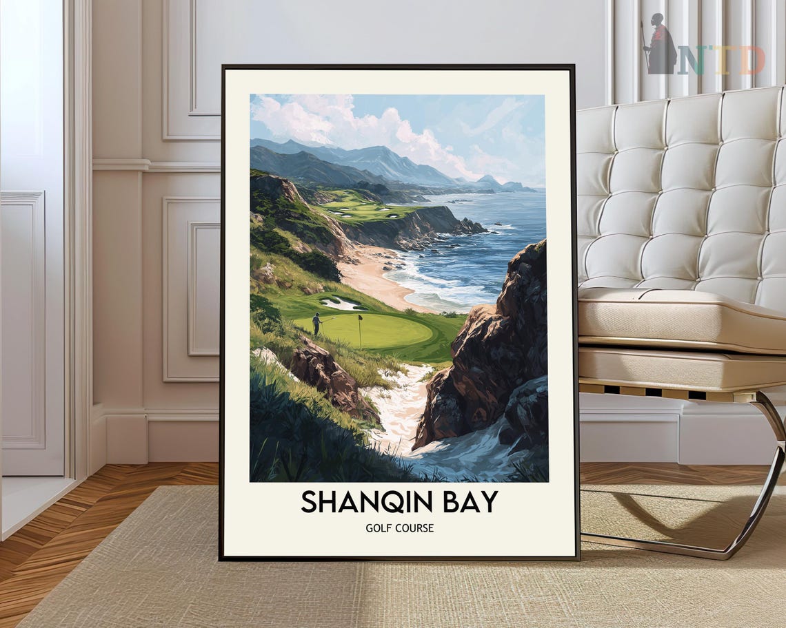 Shanqin Bay Golf Course Ocean Cliffside Links Vintage Travel Poster