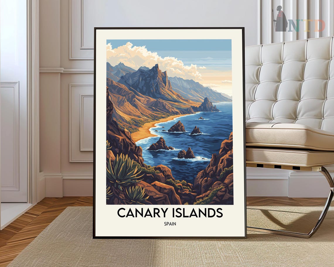 Canary Islands Spain Rocky Coastline Sunset Ocean Travel Poster