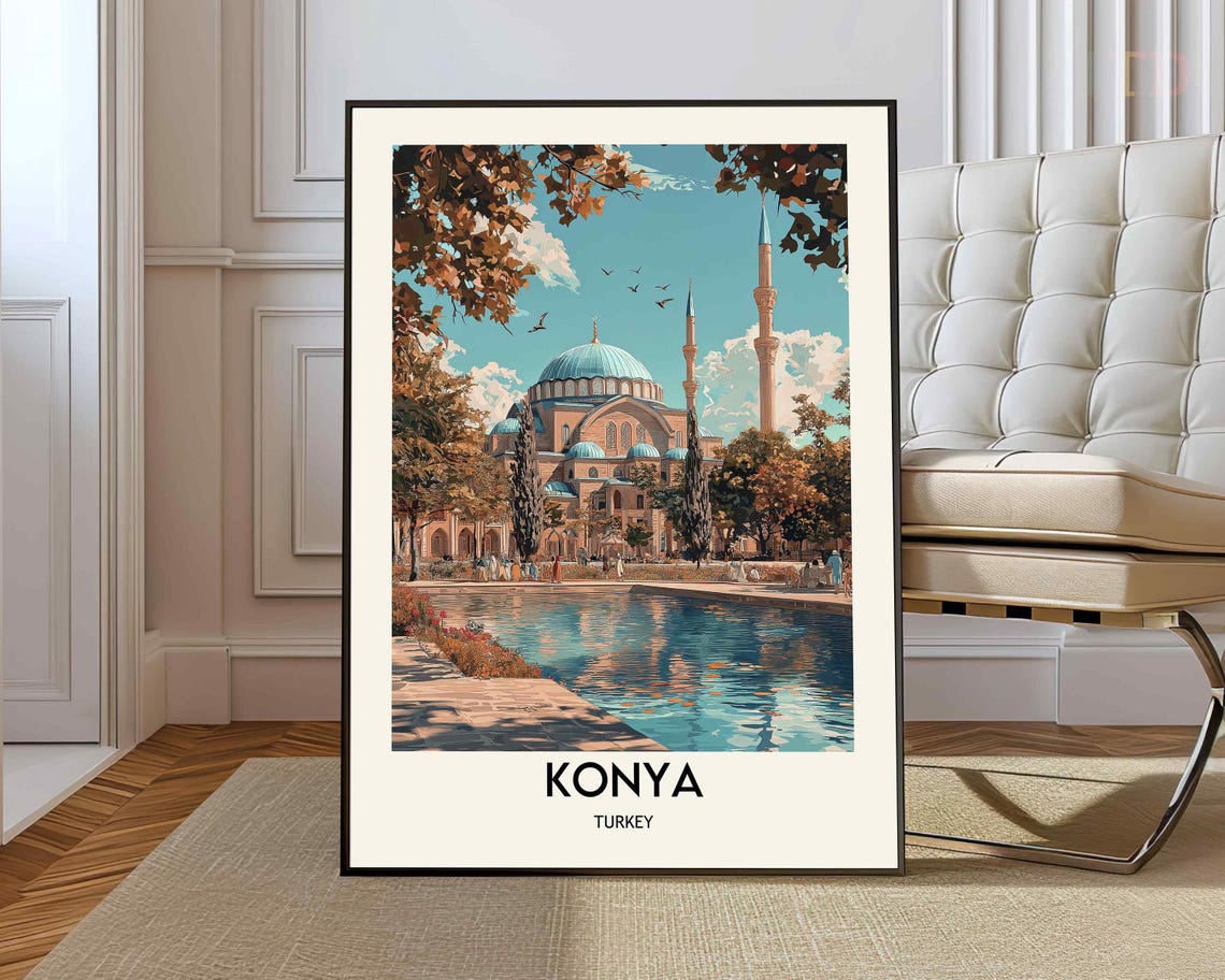 Konya Turkey Blue Domed Mosque Reflecting Pool Retro Travel Poster