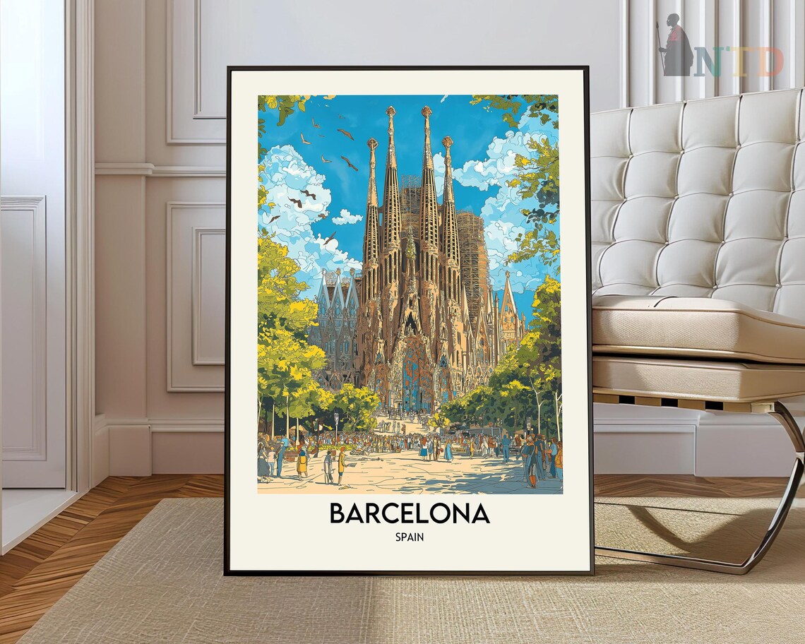 Barcelona Skyline Travel Poster, Spain City View