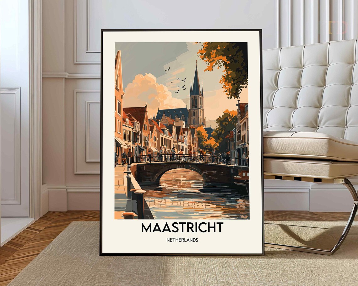 Maastricht Netherlands Canal Sunset Travel Photography Poster