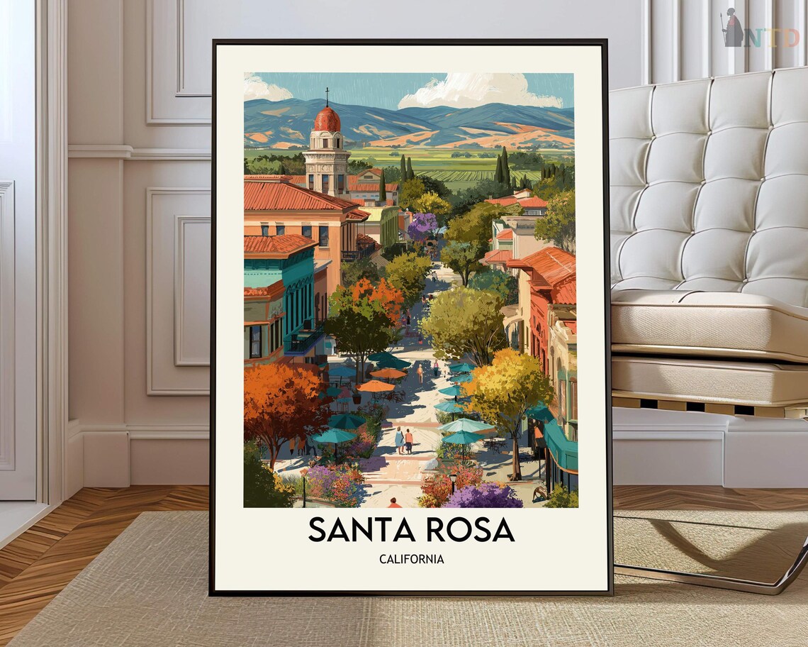 Santa Rosa California Plaza Dome Tower Illustrated Travel Poster