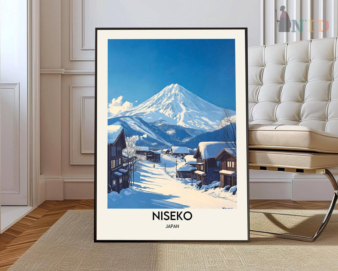 Niseko Japan Snowy Village and Mountain Winter Travel Poster