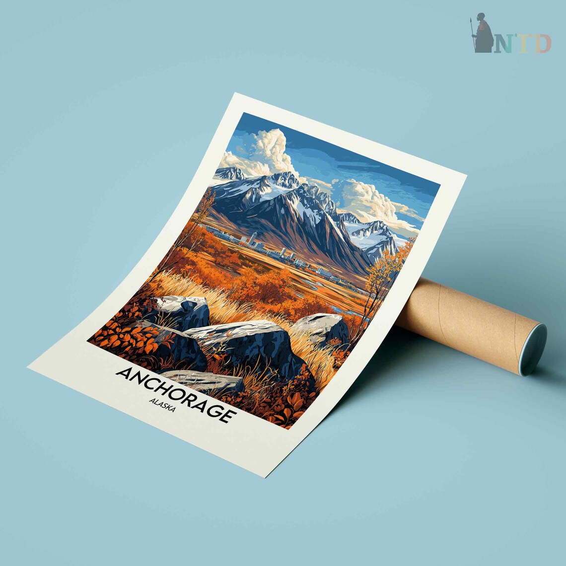 Anchorage Alaska Autumn Tundra Rocks Snowy Peaks City View Poster - Image 3