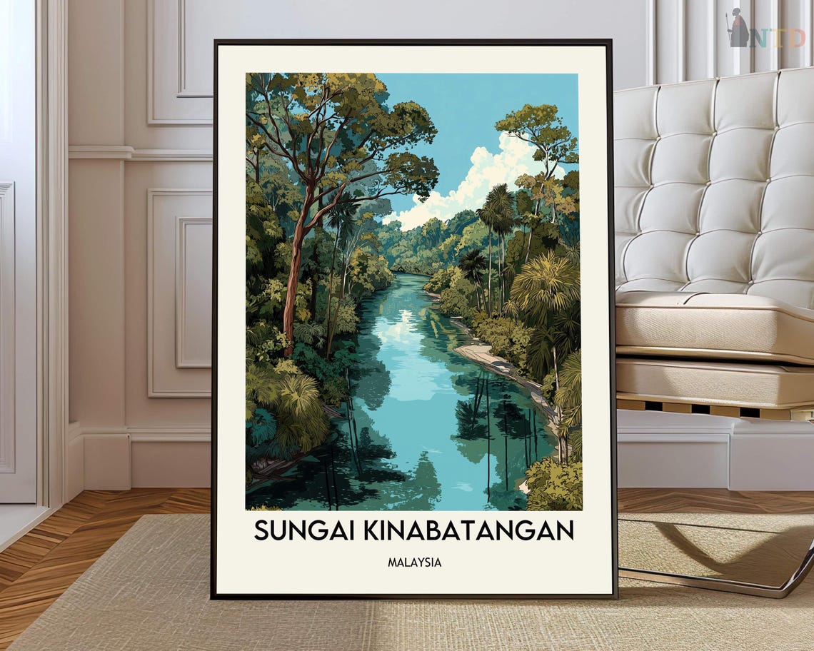 Sungai Kinabatangan Malaysia Palm River Reflection Travel Poster