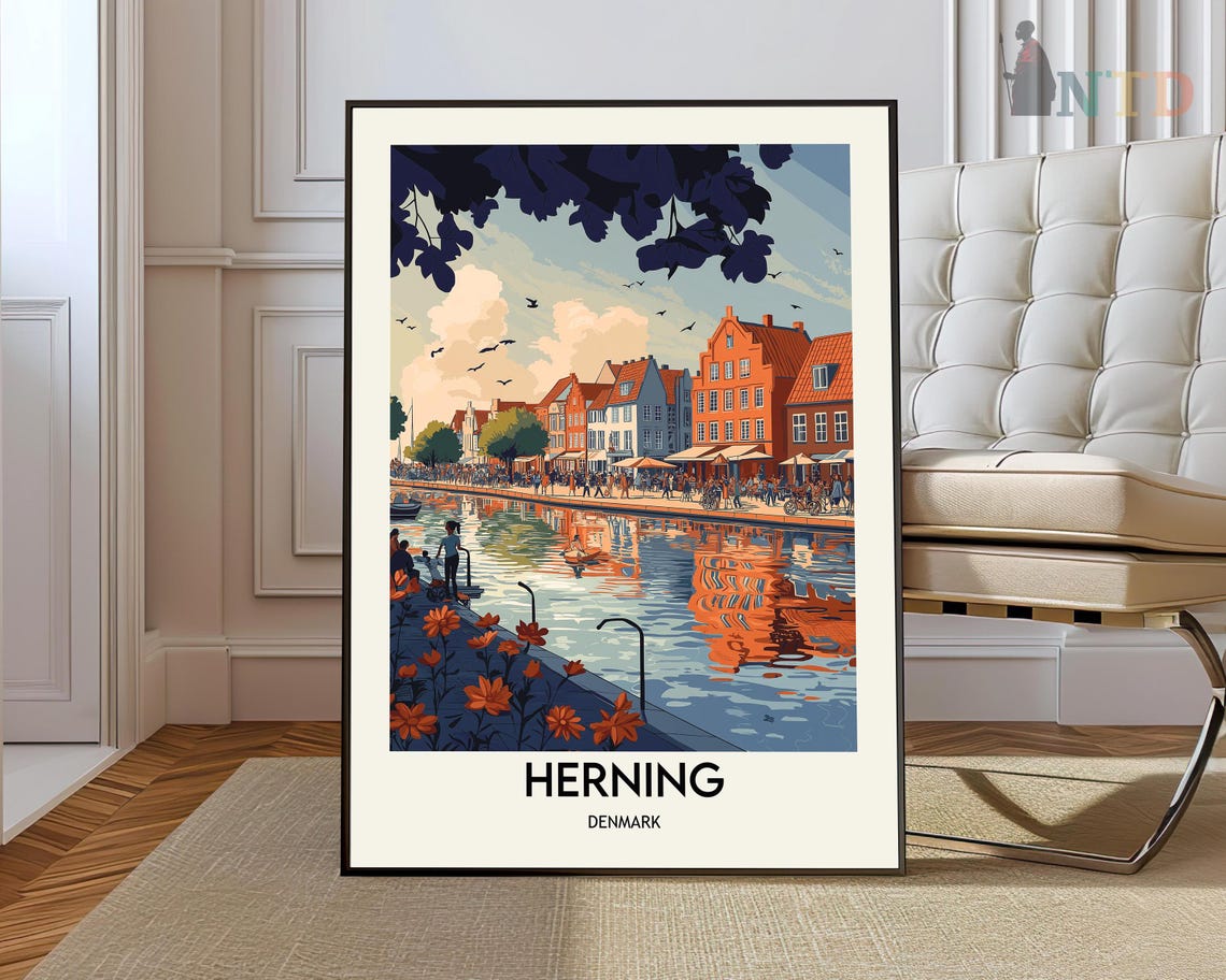 Herning Denmark Canal Vintage Travel Illustration City Poster