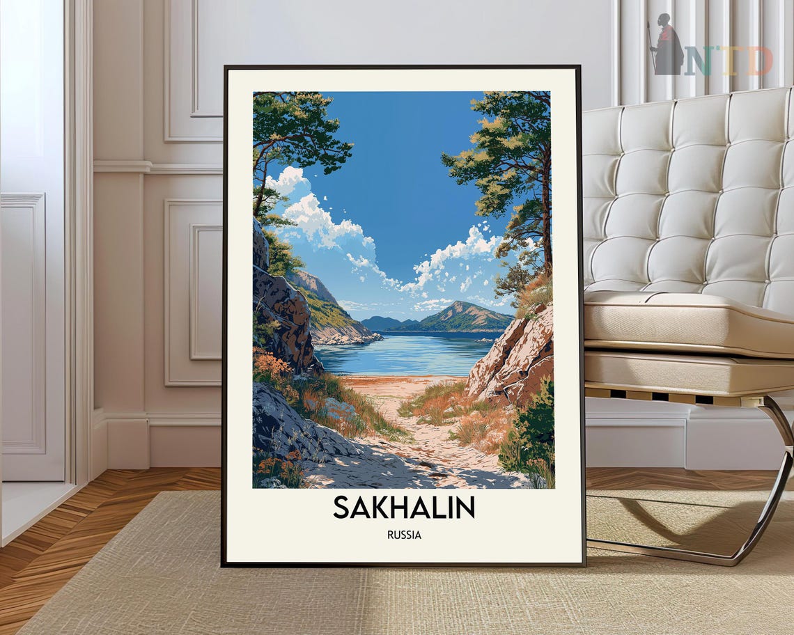 Sakhalin Pine Forest Rocky Coastline Bay Russia Travel Poster