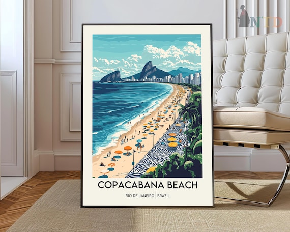 Copacabana Beach Poster Rio de Janeiro Tropical Coast Colorful Travel Art