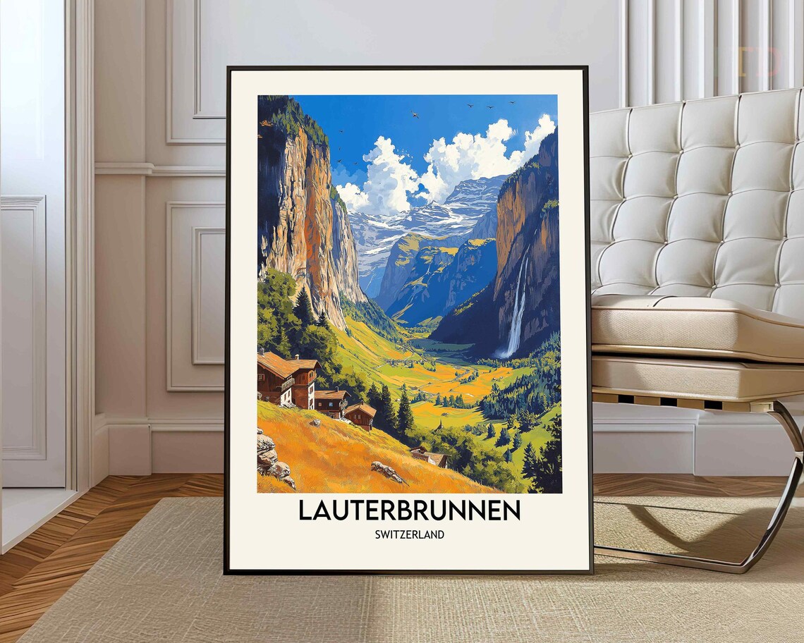 Lauterbrunnen Switzerland Staubbach Falls Chalet Valley Travel Poster