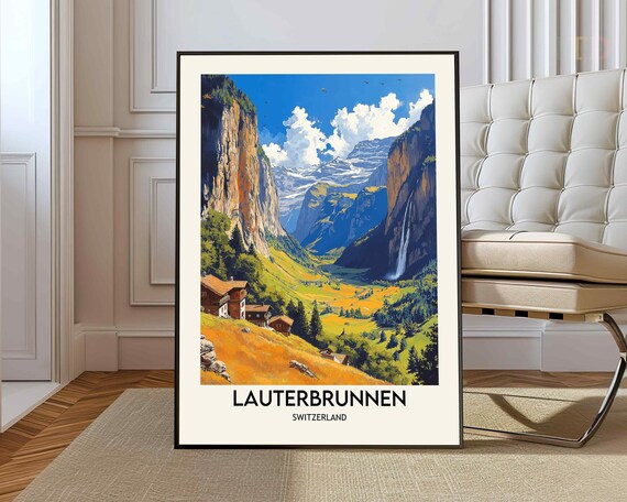 Lauterbrunnen Switzerland Staubbach Falls Chalet Valley Travel Poster