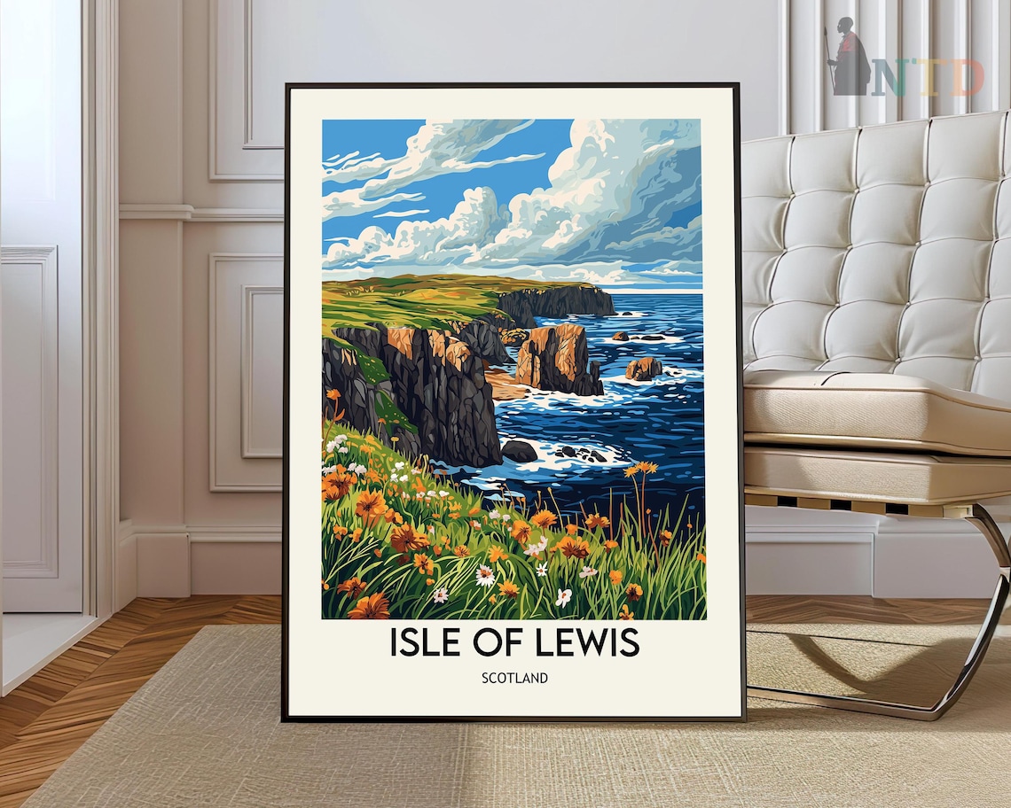 Isle of Lewis Scotland Travel Poster with Rocky Shore and Wildflowers